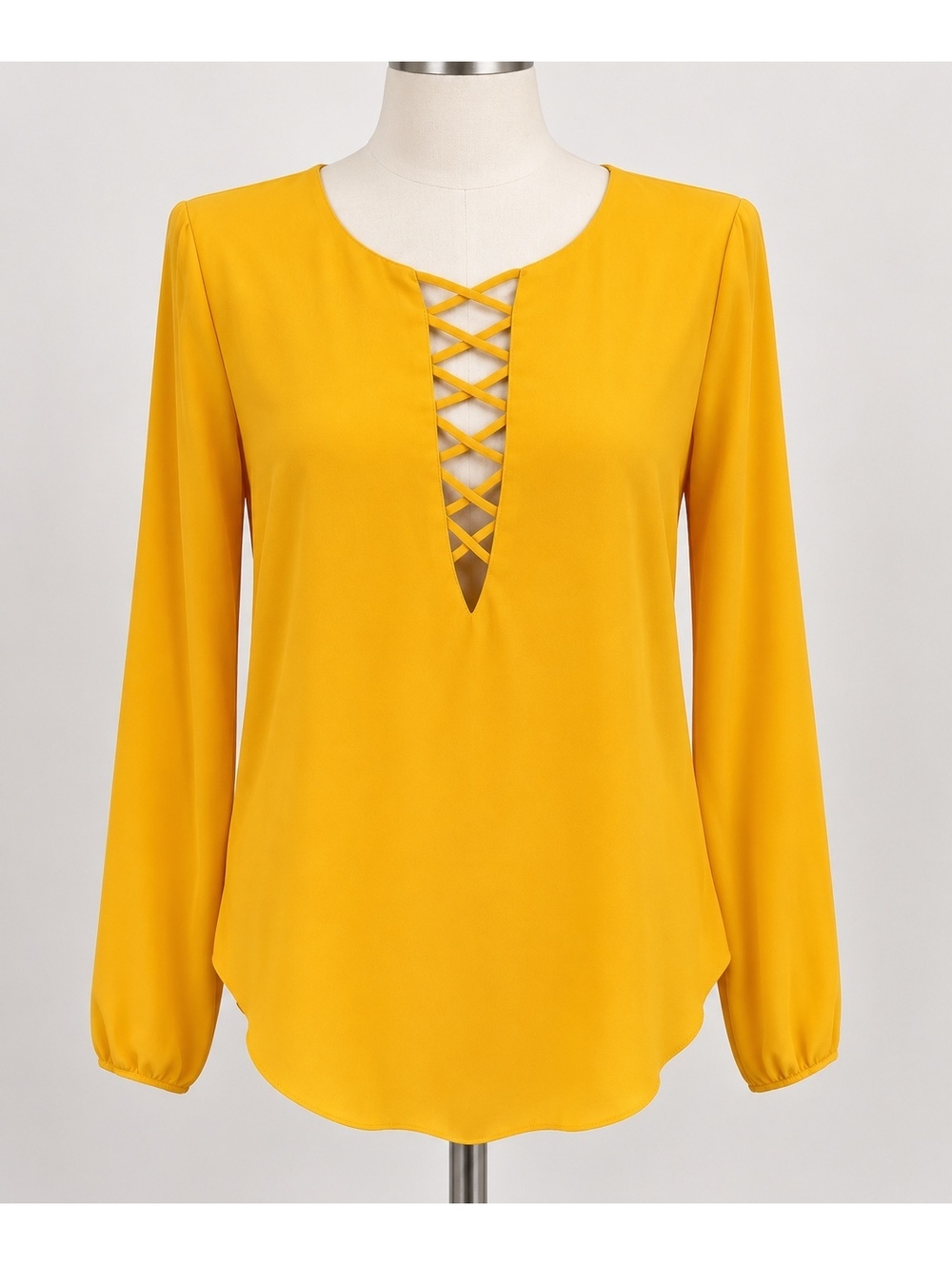 Forever 21 Mustard Yellow Lattice V Neck Long Sleeve Blouse Top Size M